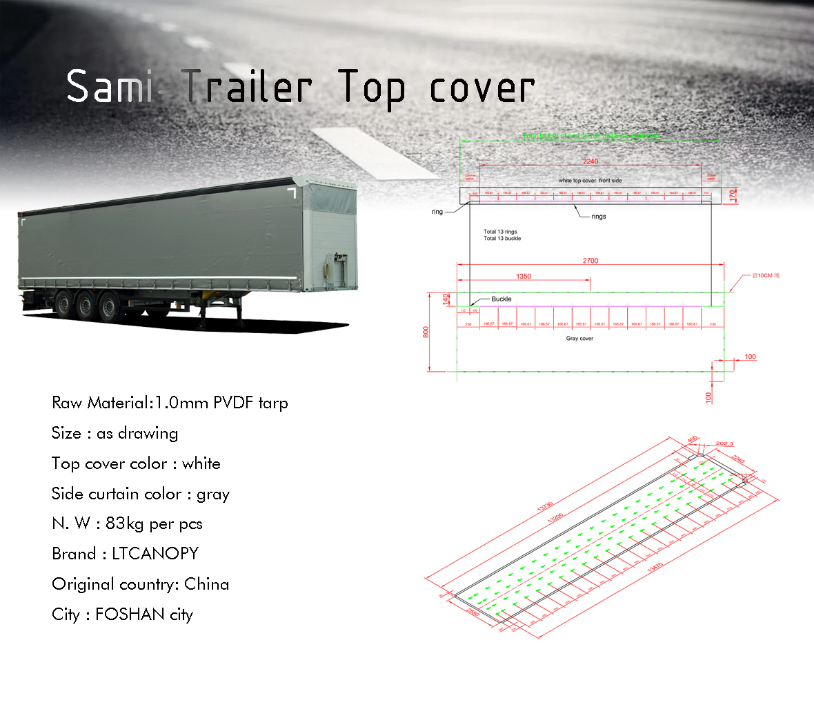 Semi Trailer Cover-Side Curtain Tarp Walking Floor-Semi-Trailer-LTCANOPY-TOP COVER -Tarp