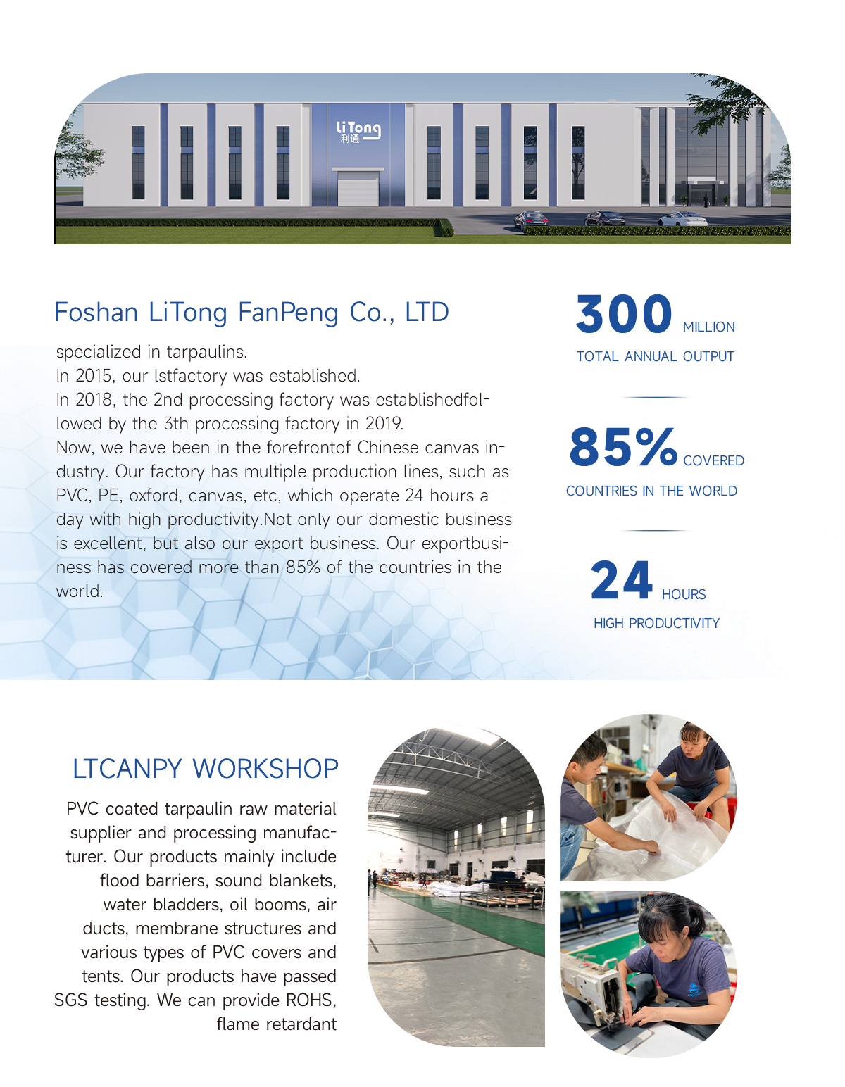 LTCANOPY workshop PVC coated tarpaulin raw material supplier and processing manufacturer