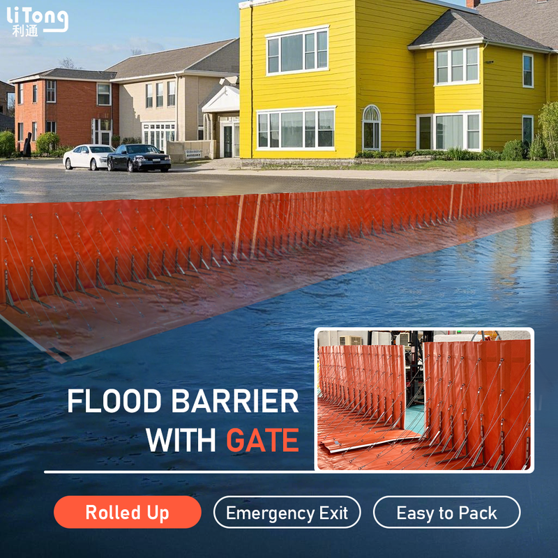 Retractable flood barrier with gate