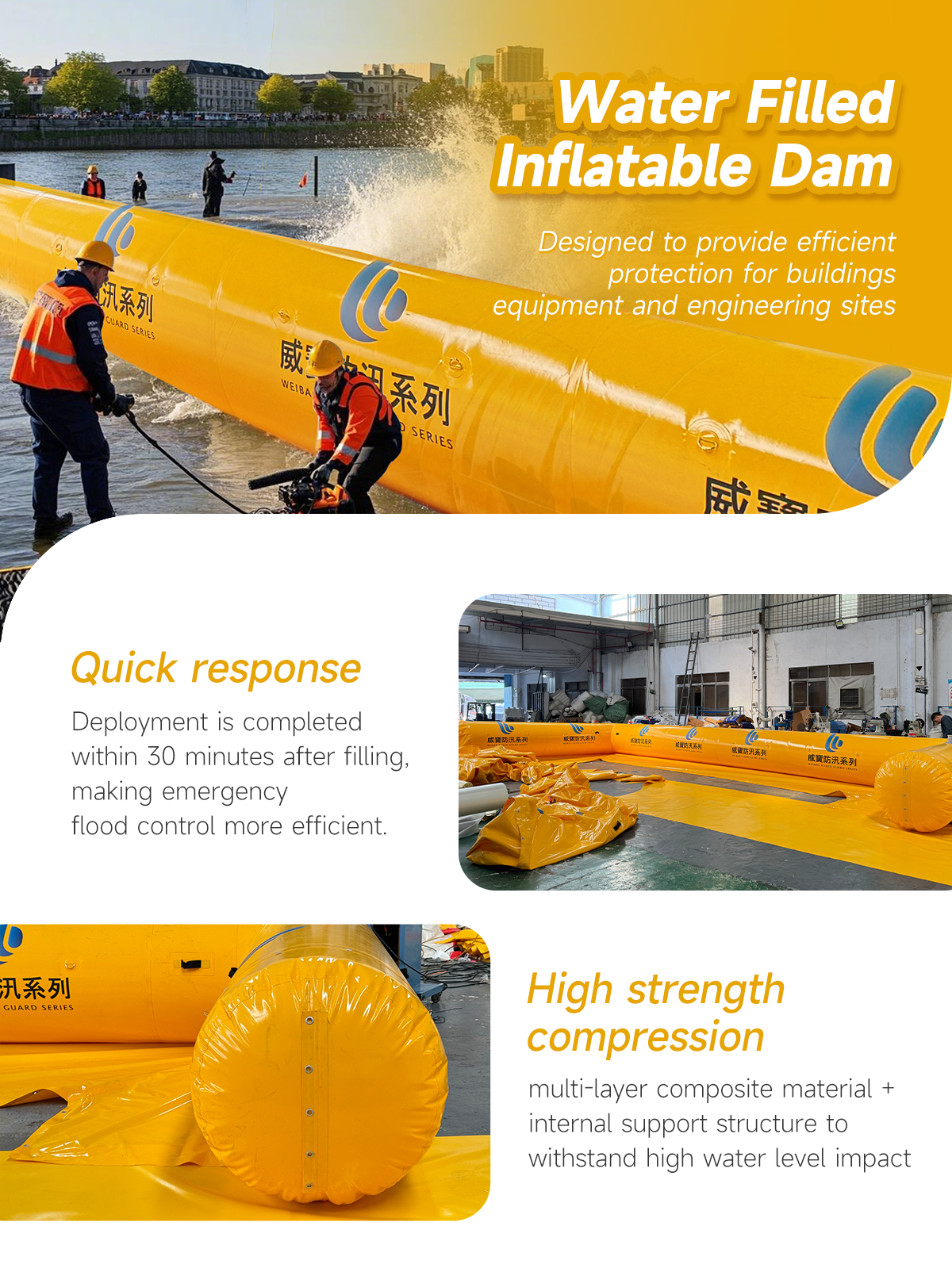Water Filled Inflatable Dam,instant deployment flood barrier,high pressure resistant flood barrier,eco-friendly reusable flood barrier,basement flood prevention barrier