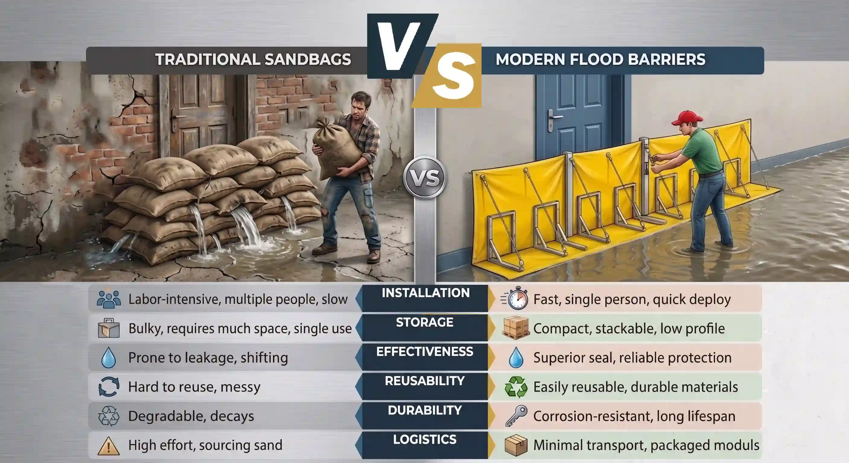 Modern reusable flood barrier compare with traditional sandbags solution
