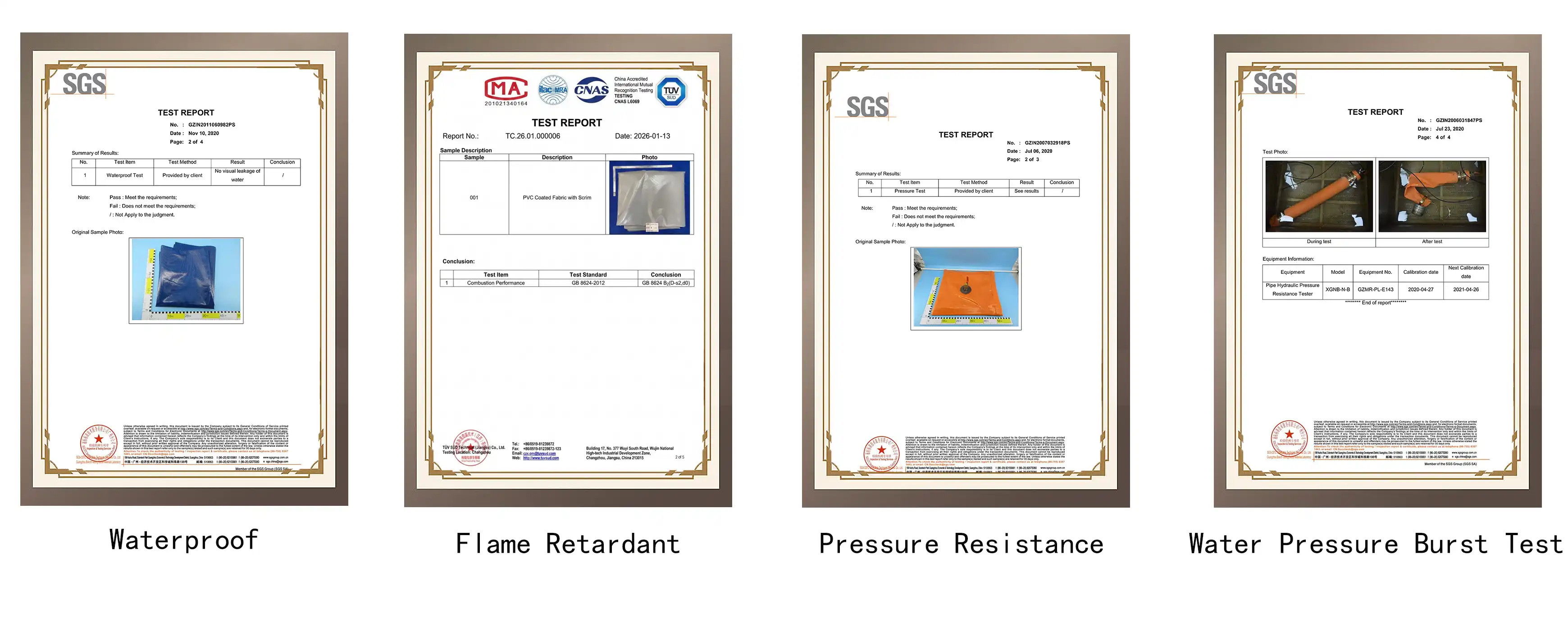 SGS test reports for flood barrier raw material waterproof, flame‑retardant performance