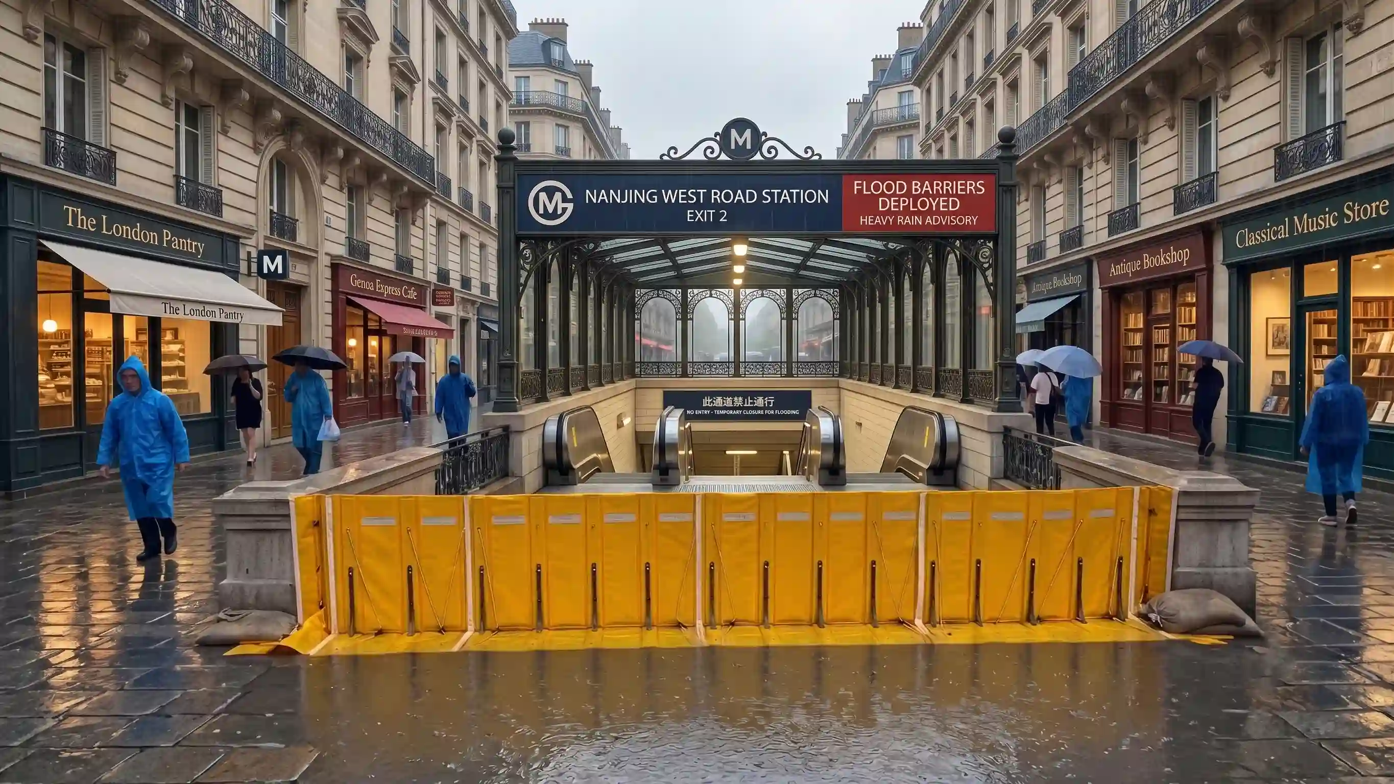 L‑shaped flood barrier protecting subway station entrance from floodwater