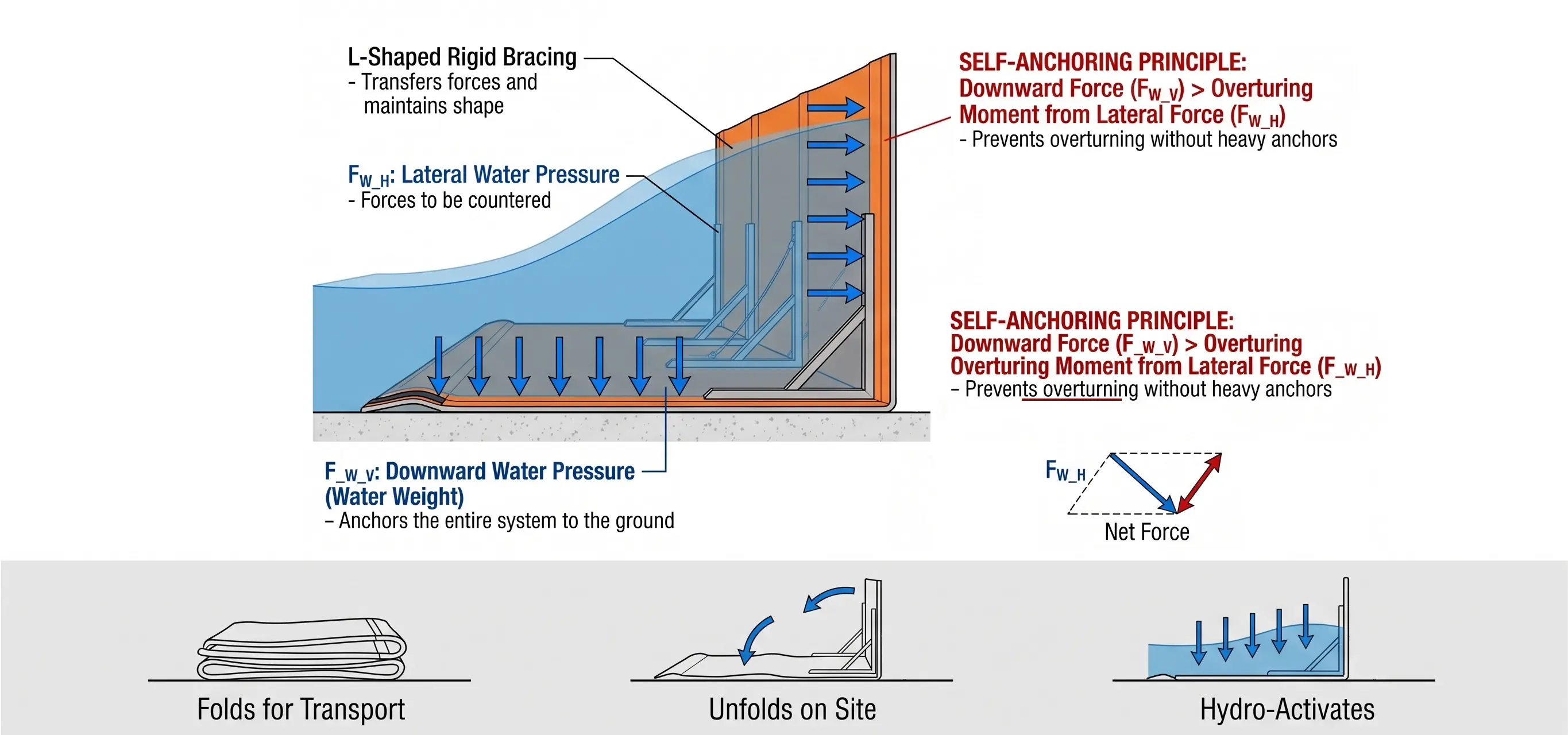Modular flood barrier hydro-activated self-stabilization schematic