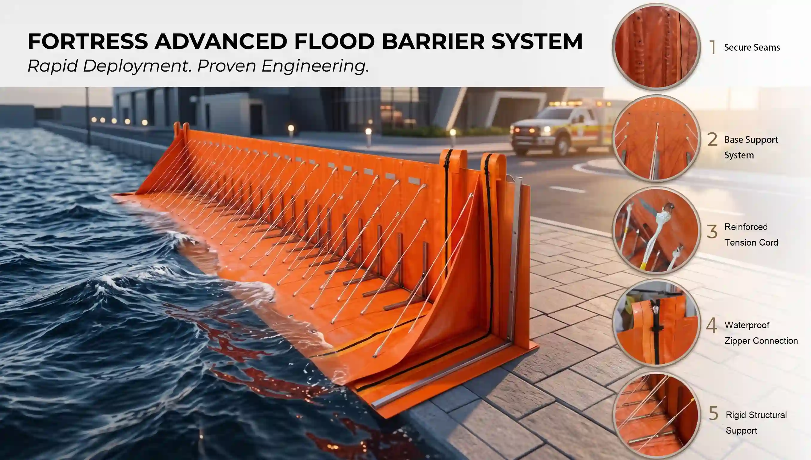 Diagram showing key structural details of portable flood barrier system