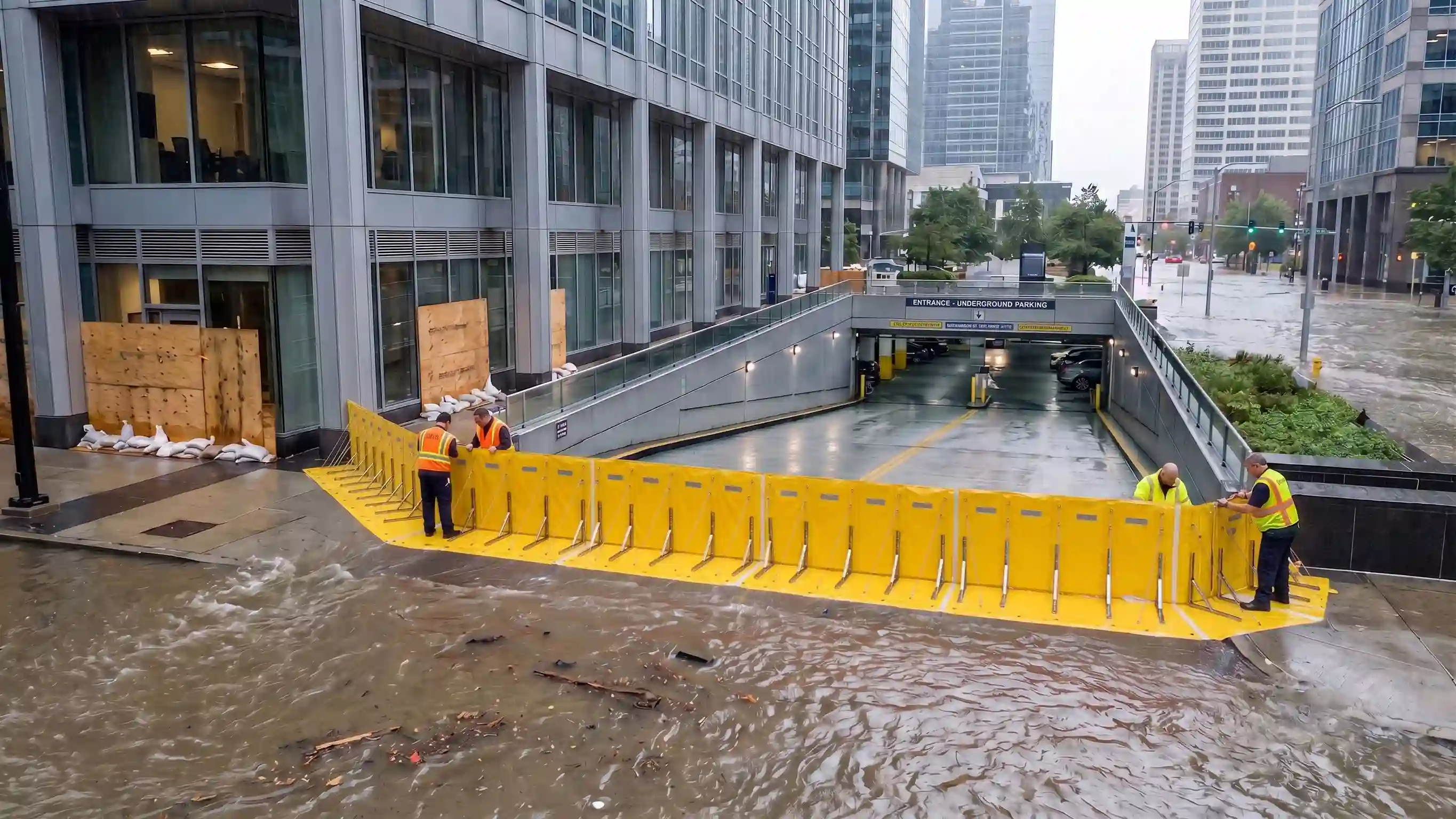 Modular flood barrier protects basement parking from floodwater