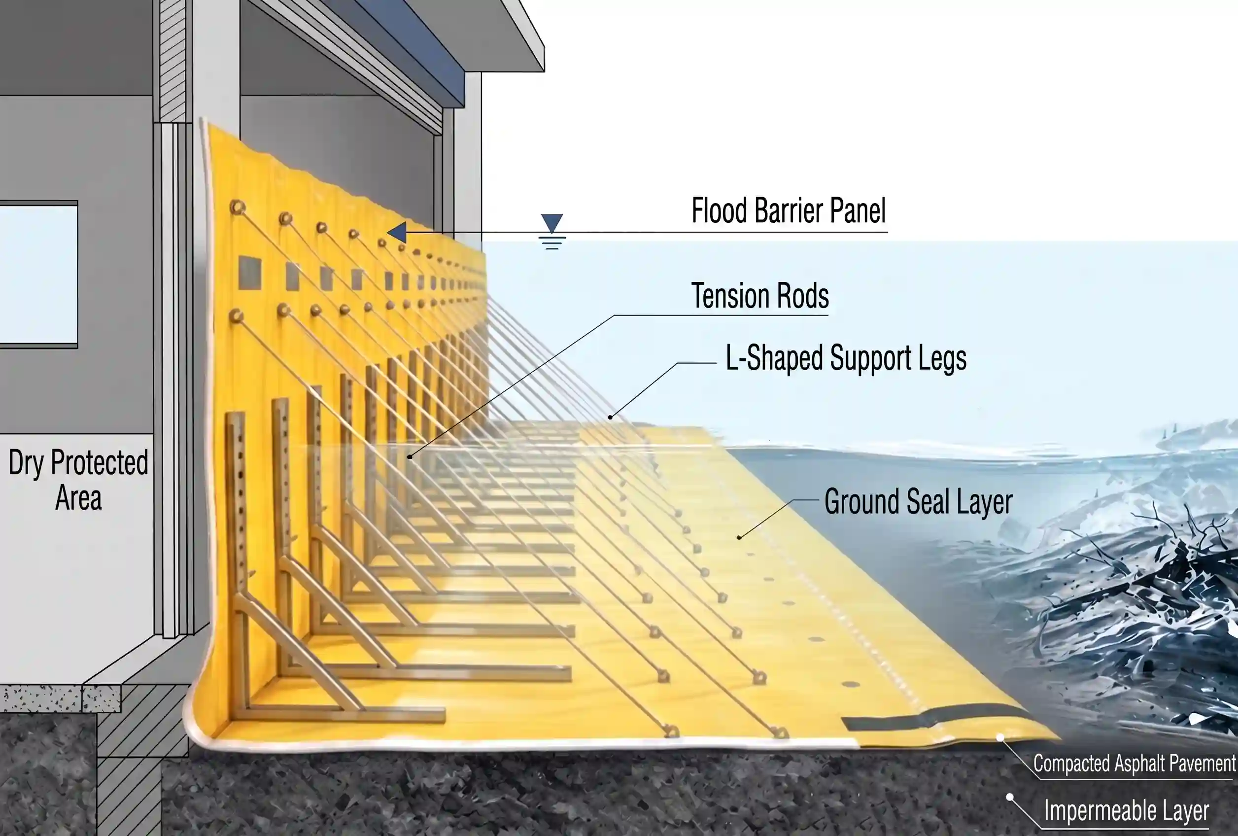  Structural schematic showing how modular flood barrier works against floodwater