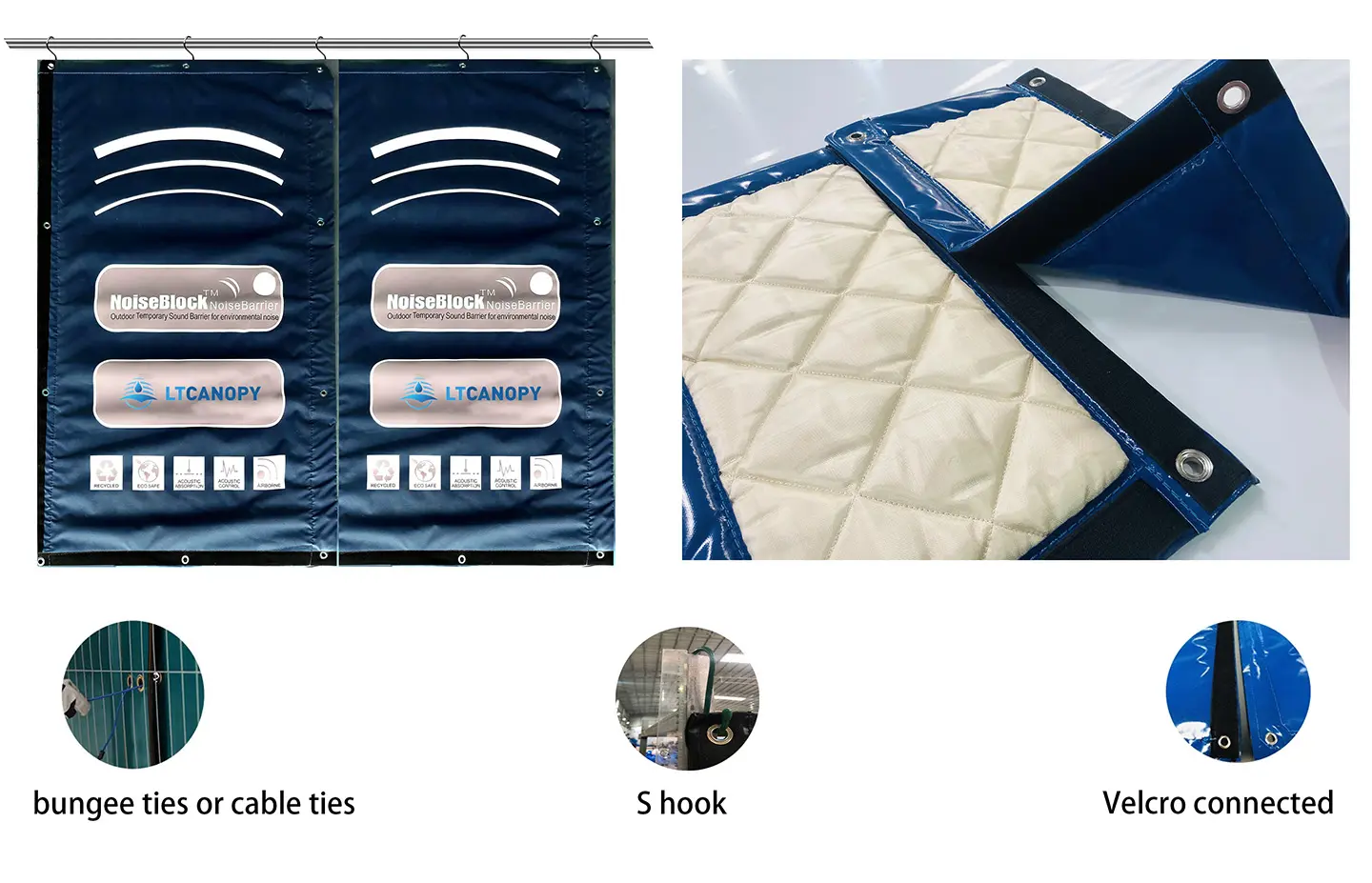 Blue PVC sound insulation blanket velcro S hook fitting details