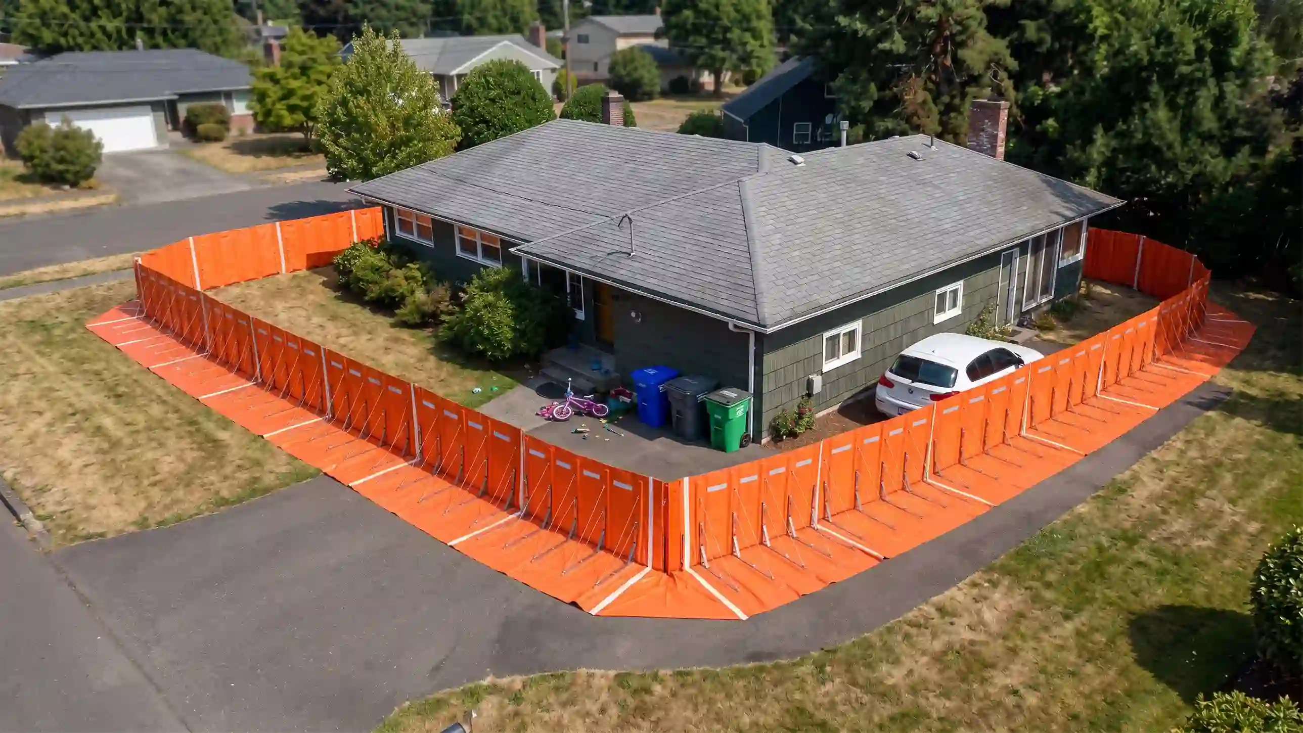 Orange modular flood barrier protecting residential building