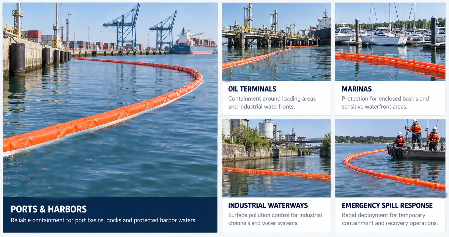 Oil spill boom protecting marina waters