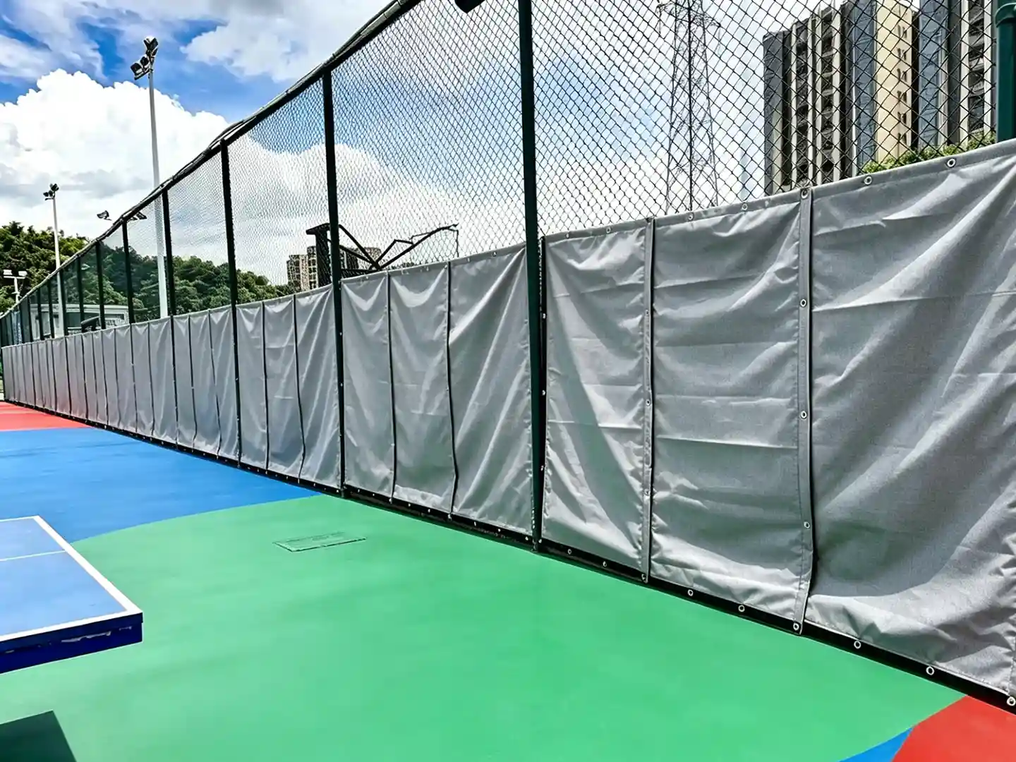 Grey soundproof barrier curtain for sports playground fence