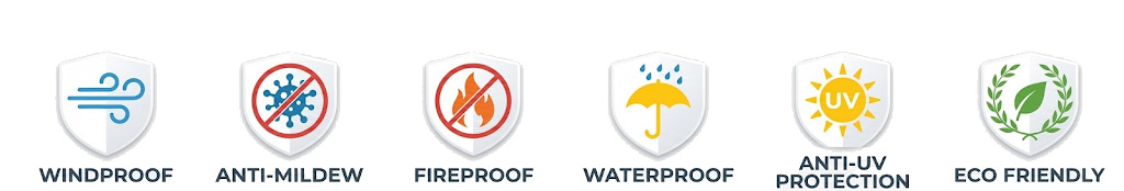 Performance feature icons for water‑filled flood barrier tarpaulin material