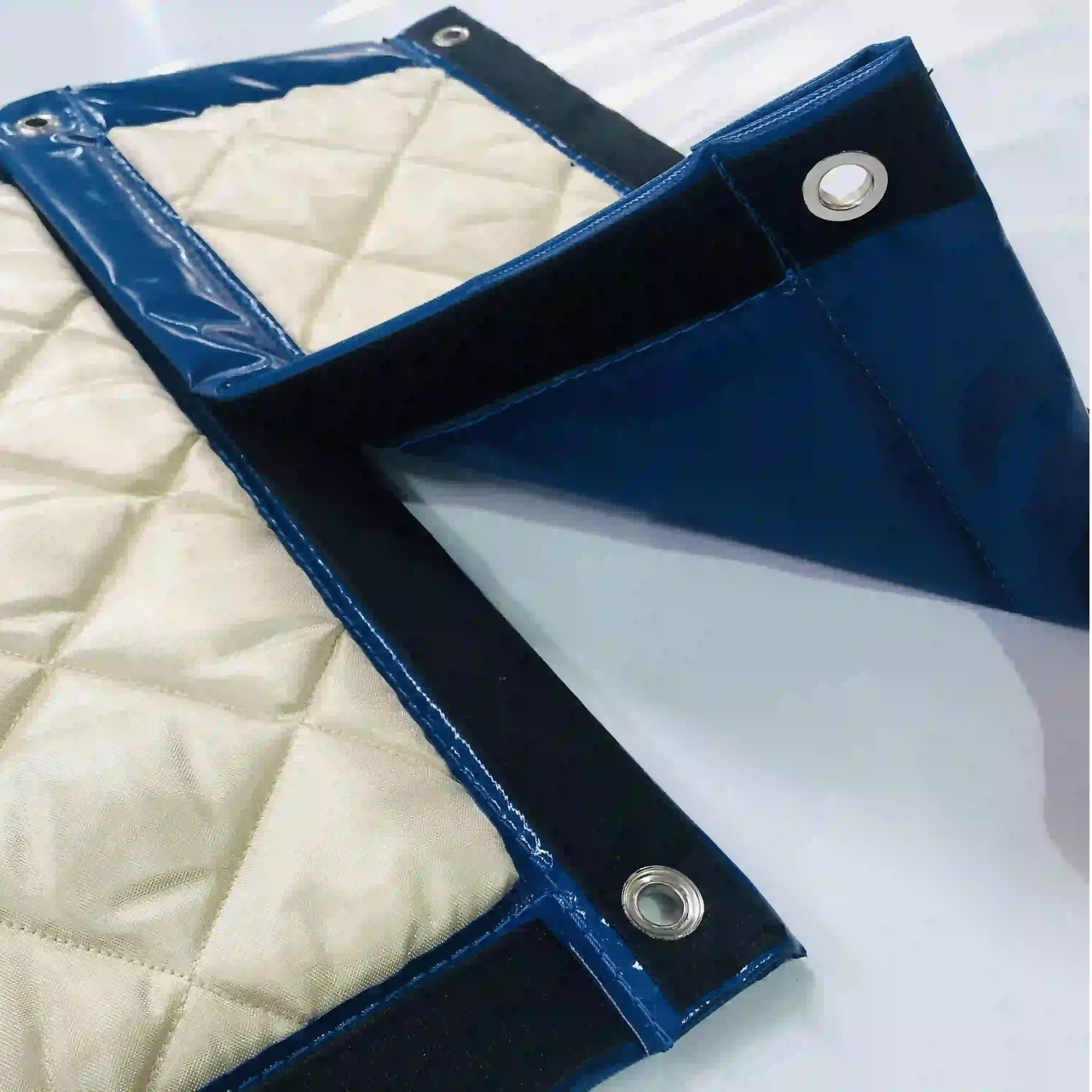 Blue waterproof sound barrier curtain quilted lining close-up