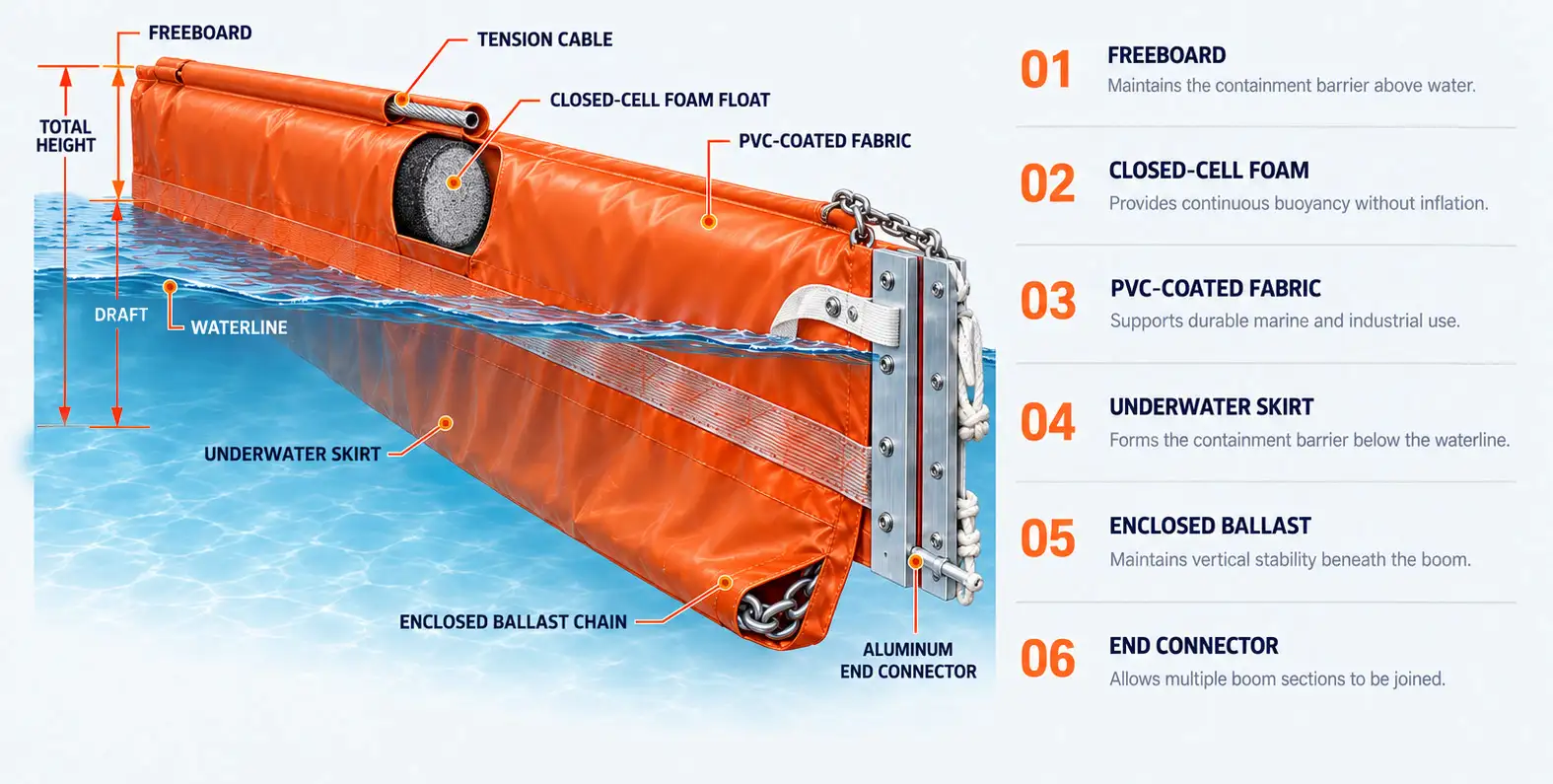 Foam filled oil boom structure diagram