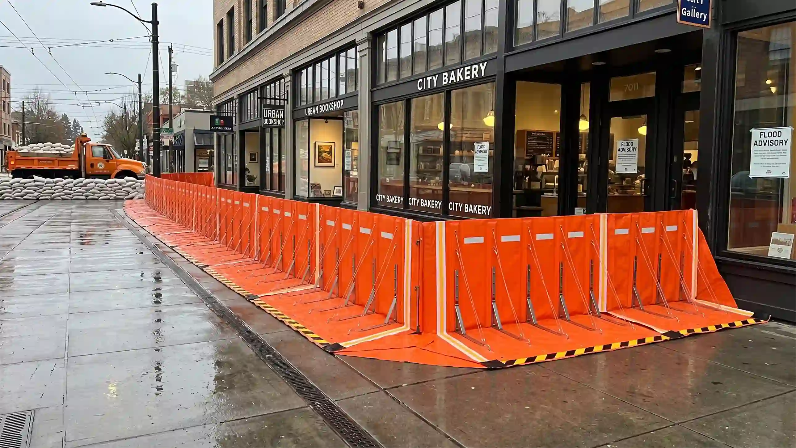 Portable flood barrier installed along commercial street shops
