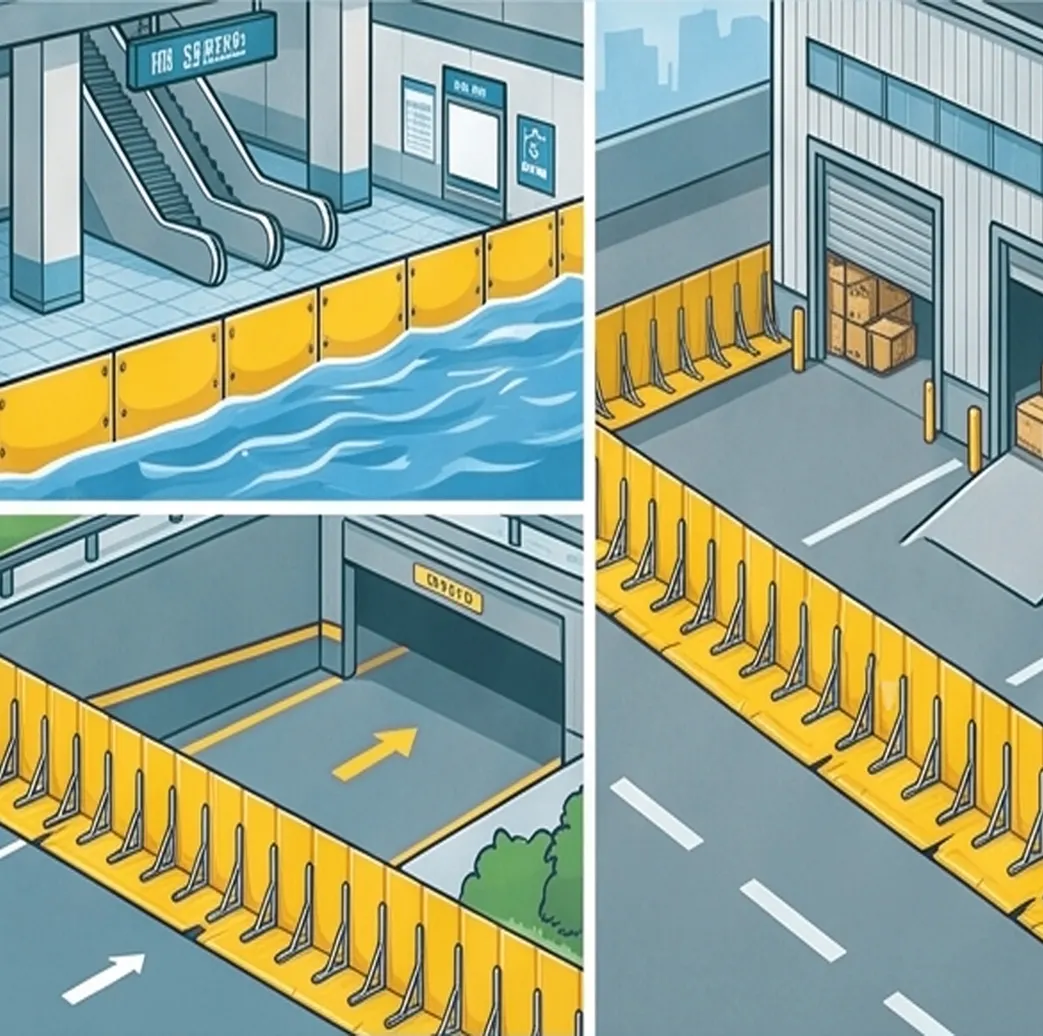 Flood barrier for subway, parking lot and warehouse entrance