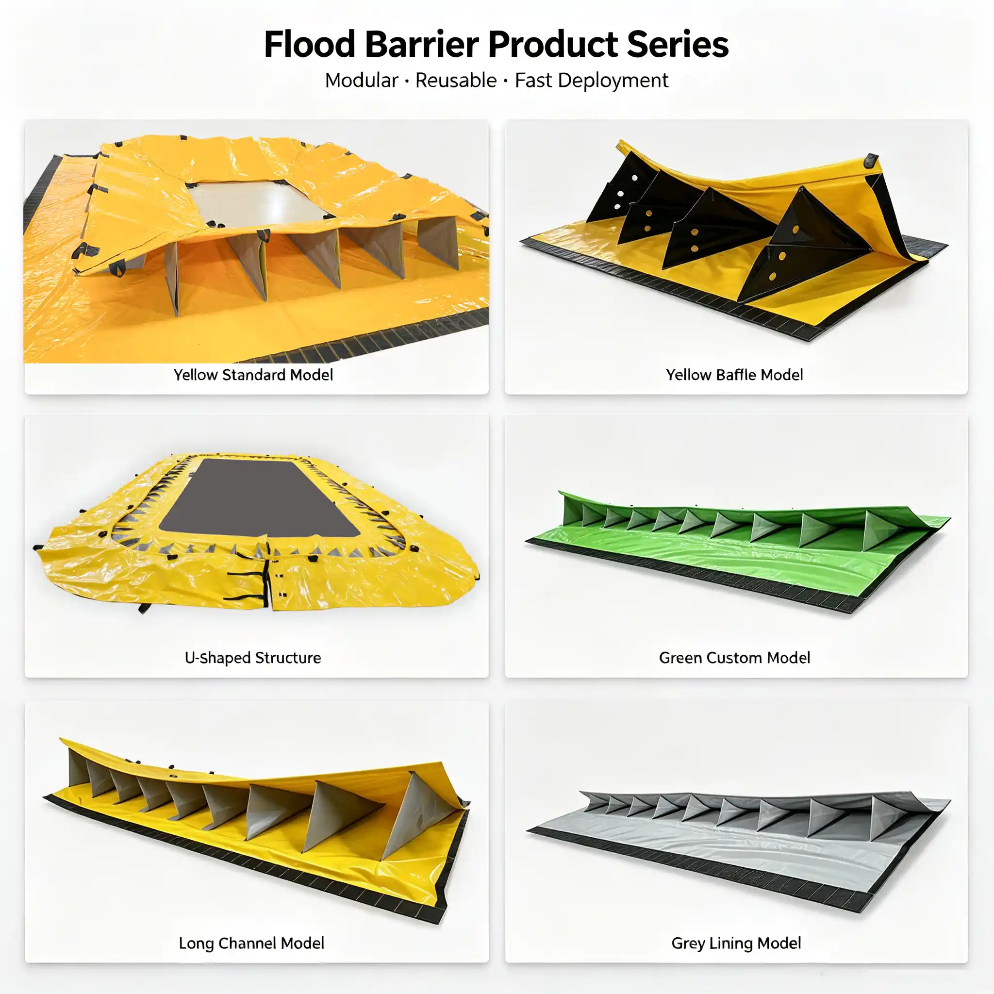 Various customizable types of water‑filled flood barrier product display