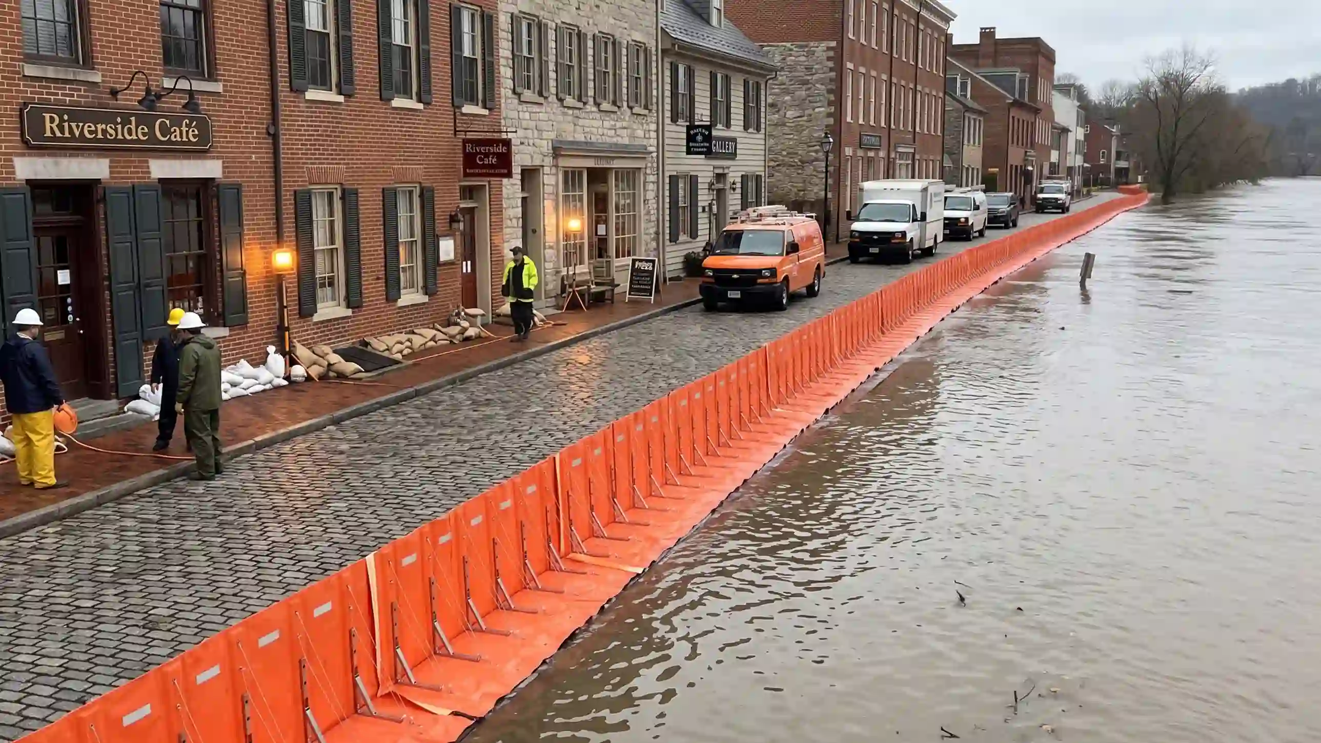 Movable flood barrier deployed on flooded city street