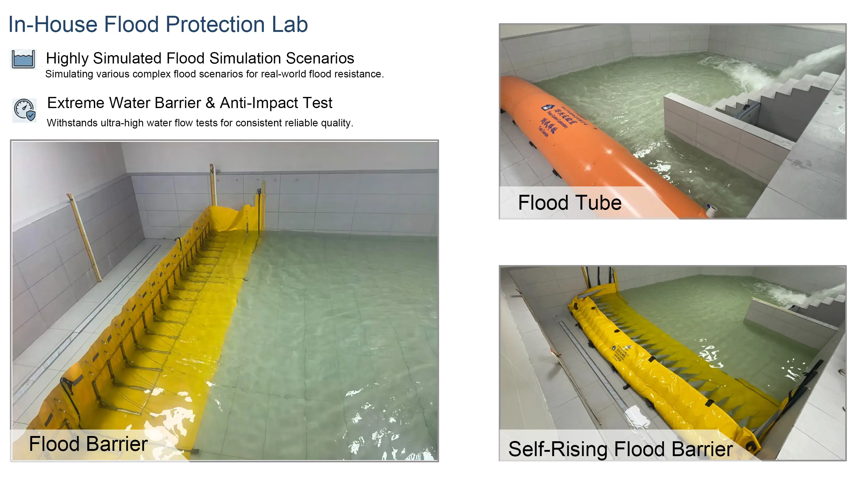 Factory flood lab for flood barrier water resistance performance test